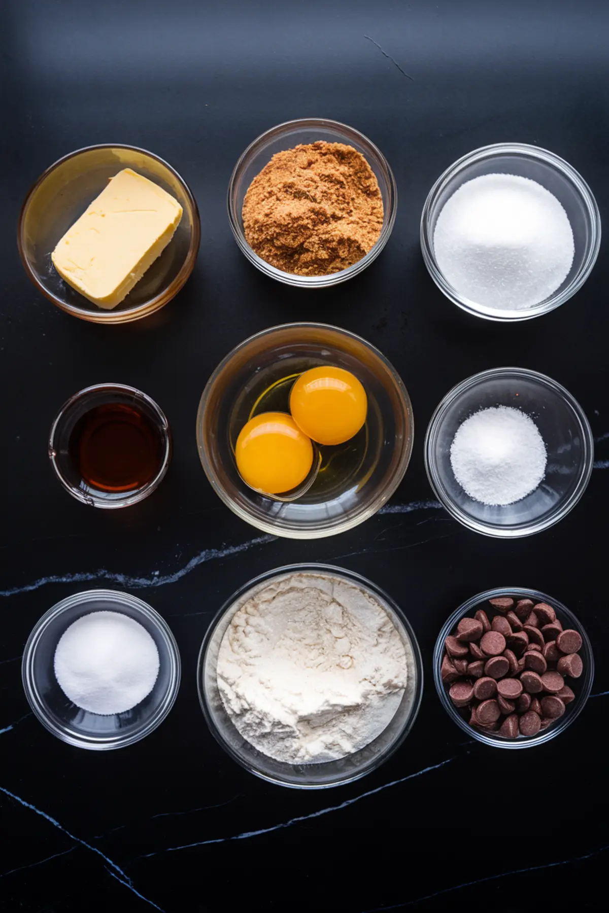 Overhead view of individual ingredients for chocolate chip cookies arranged in small glass bowls, including butter, eggs, sugar, flour, vanilla, and chocolate chips.