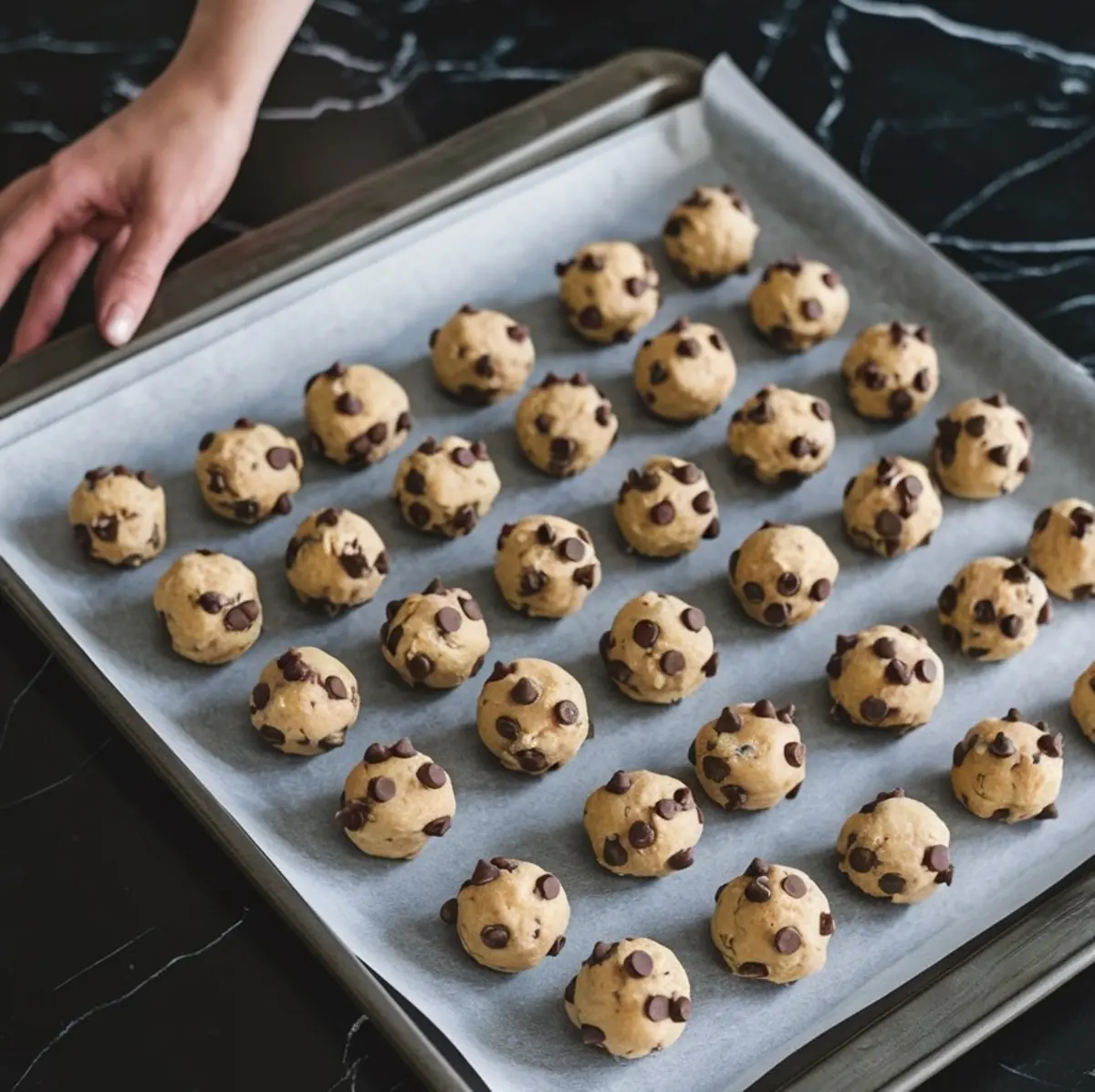 Baking tray lined with parchment paper holding evenly spaced scoops of chocolate chip cookie dough, ready for the oven.