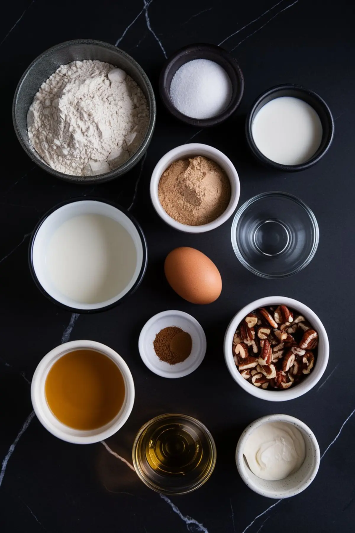 A flat lay of baking ingredients for caramel sticky buns, including flour, brown sugar, granulated sugar, milk, egg, chopped pecans, cinnamon, vanilla extract, oil, and a small bowl of sour cream, all arranged on a dark marble surface.