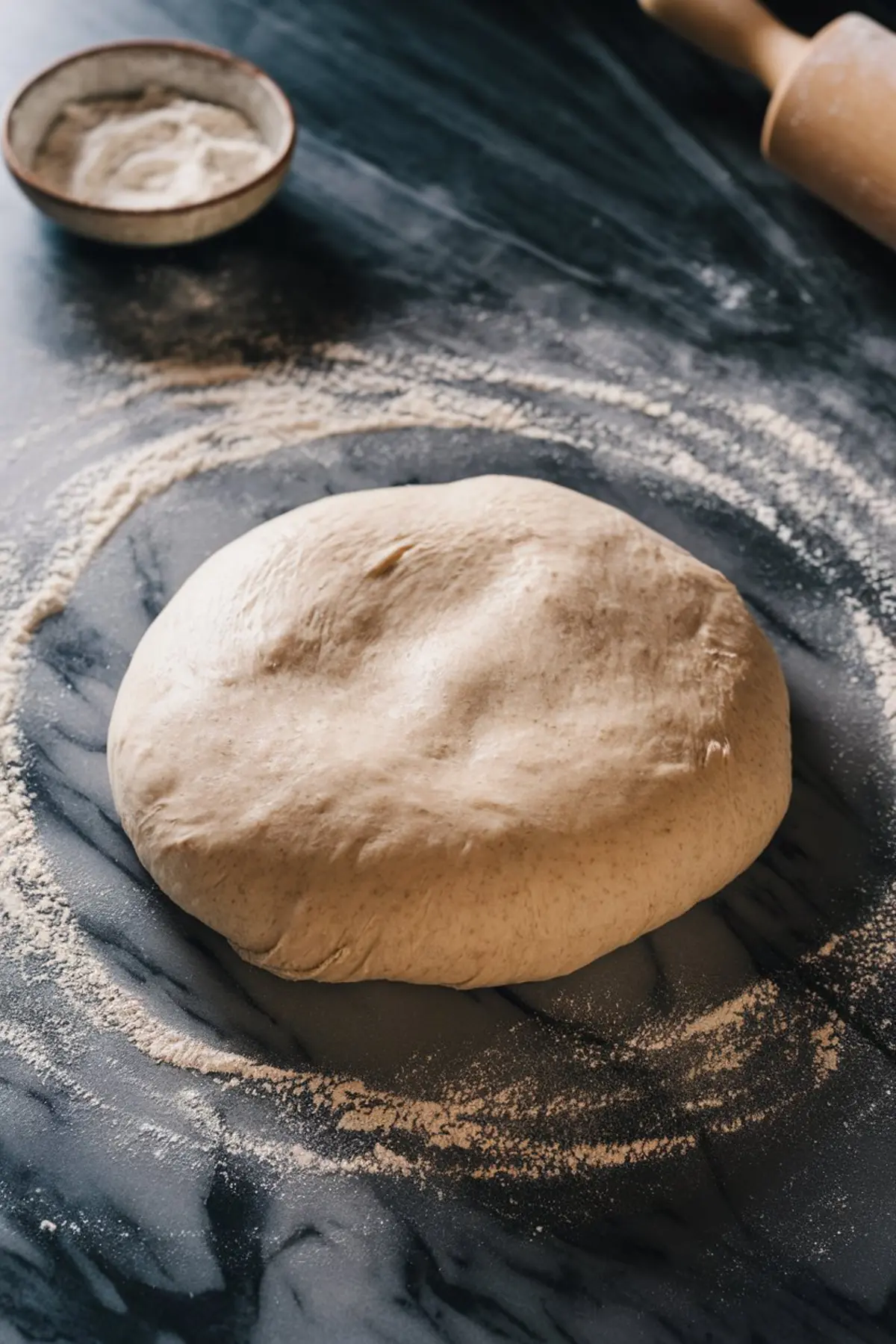A ball of sticky bun dough resting on a dark marble surface dusted with flour, surrounded by a rolling pin and a bowl of flour, ready to be rolled out.