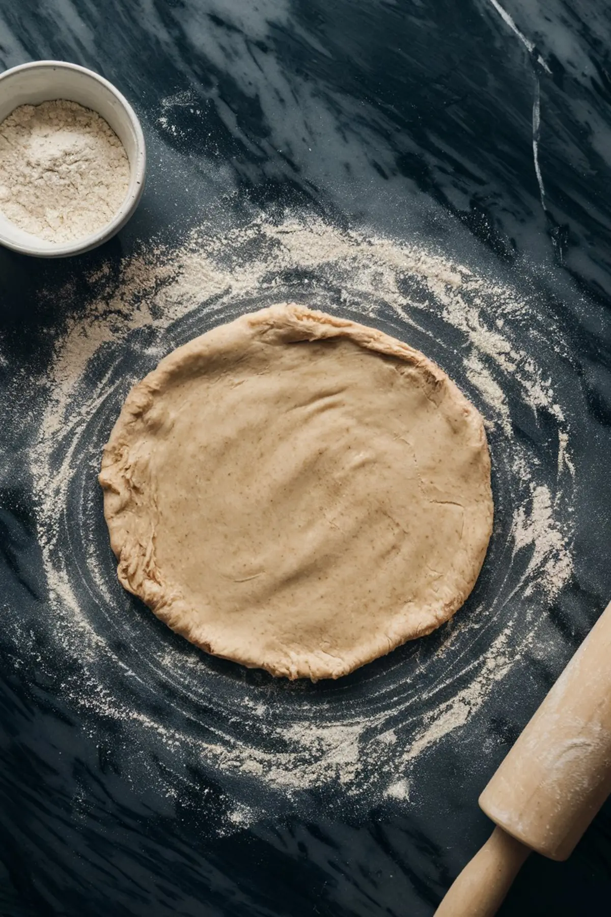 Rolled-out sticky bun dough on a floured dark marble surface, shaped into a rough circle, with a rolling pin and a bowl of flour nearby, ready for filling.