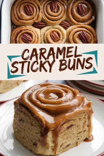 A pan filled with caramel sticky buns featuring a shiny caramel coating and pecan halves on top, placed in perfect rows. Below, a detailed shot of a sticky bun served on a white plate, showcasing gooey caramel topping and visible chunks of pecans inside the soft dough. Text overlay states “Caramel Sticky Buns - Limited Batch Only.”