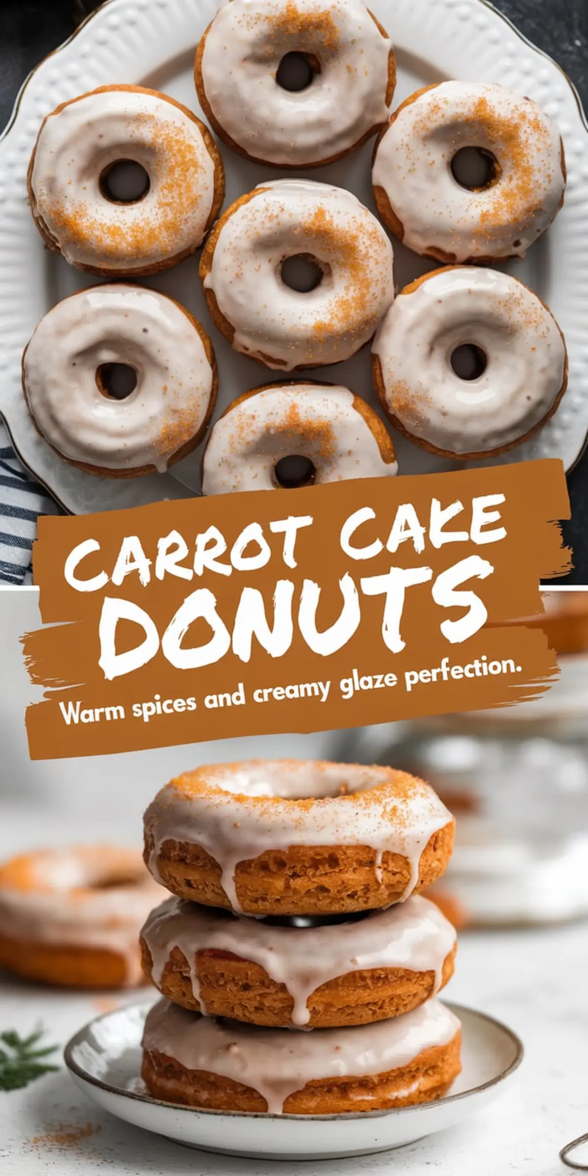 Glazed carrot cake donuts with warm spices and creamy white icing, stacked and arranged on a plate. These soft, baked donuts are topped with a light dusting of cinnamon, making them a delicious Easter donuts idea for spring brunches and dessert tables.