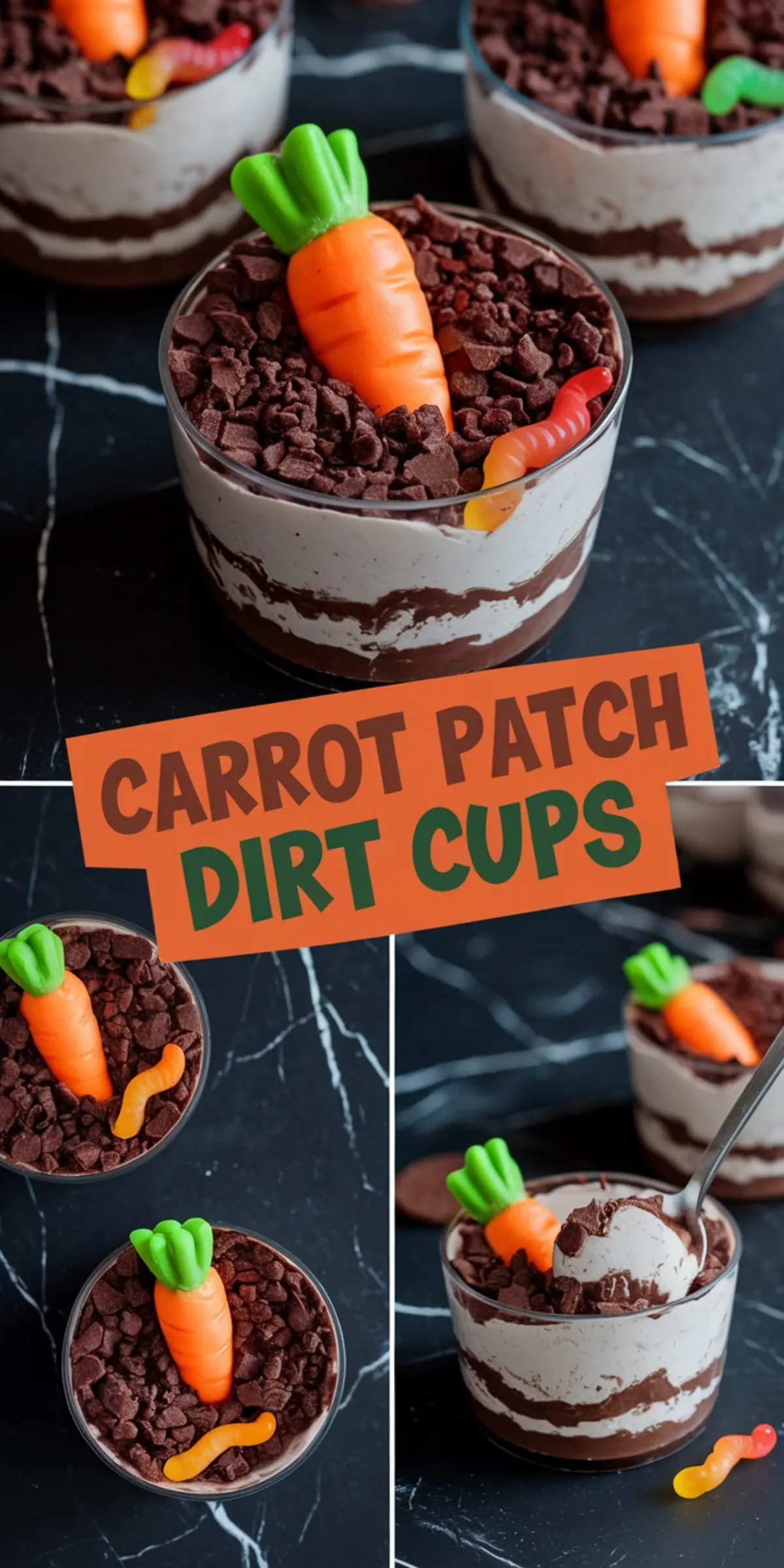 Carrot Patch Dirt Cups with Gummy Worms – Chocolate pudding cups layered with crushed cookies, topped with candy carrots and gummy worms for a fun Easter-themed dessert.