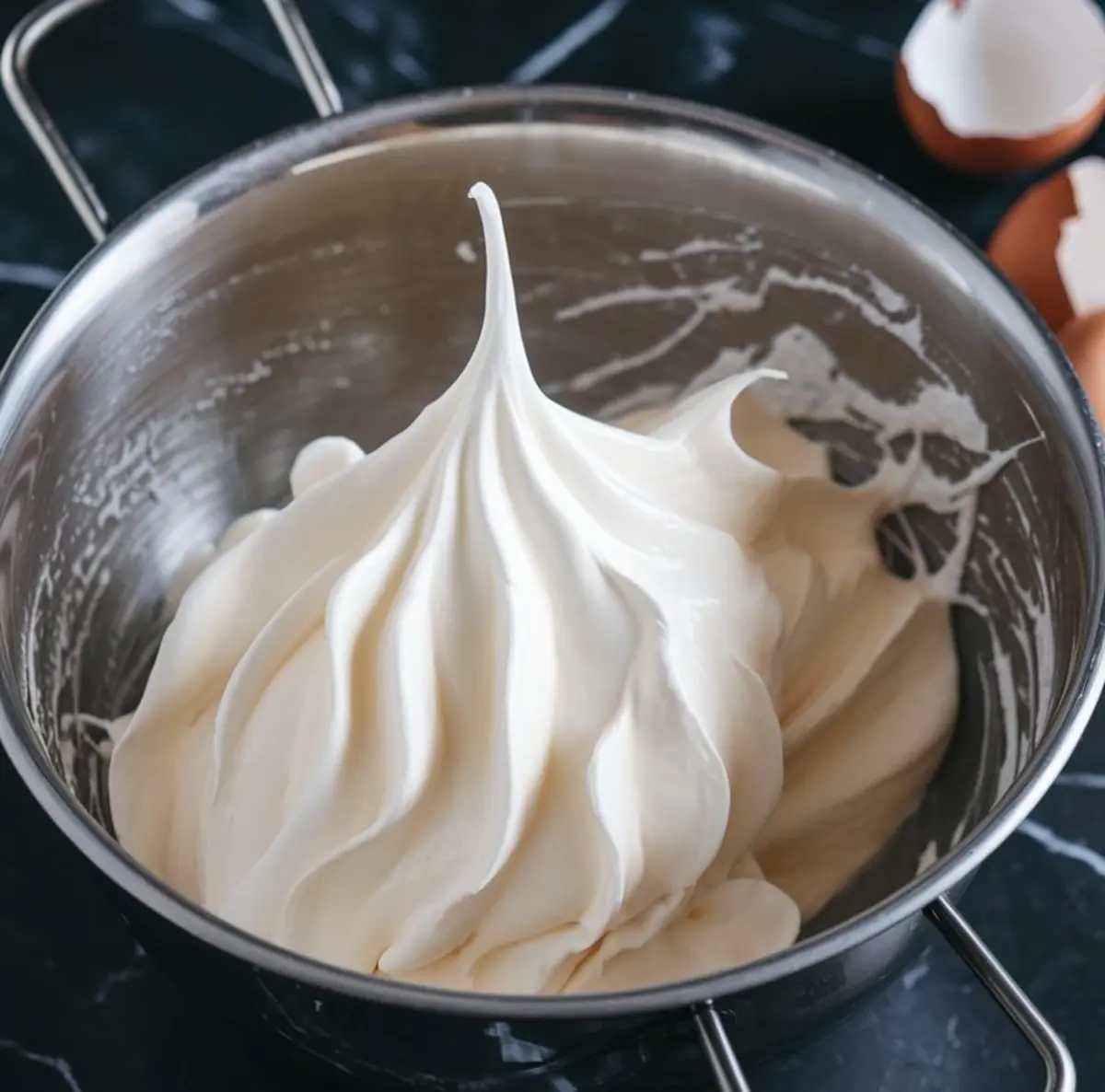 Close-up of glossy, stiff-peak meringue in a stainless steel mixing bowl, whipped to perfection for baking.
