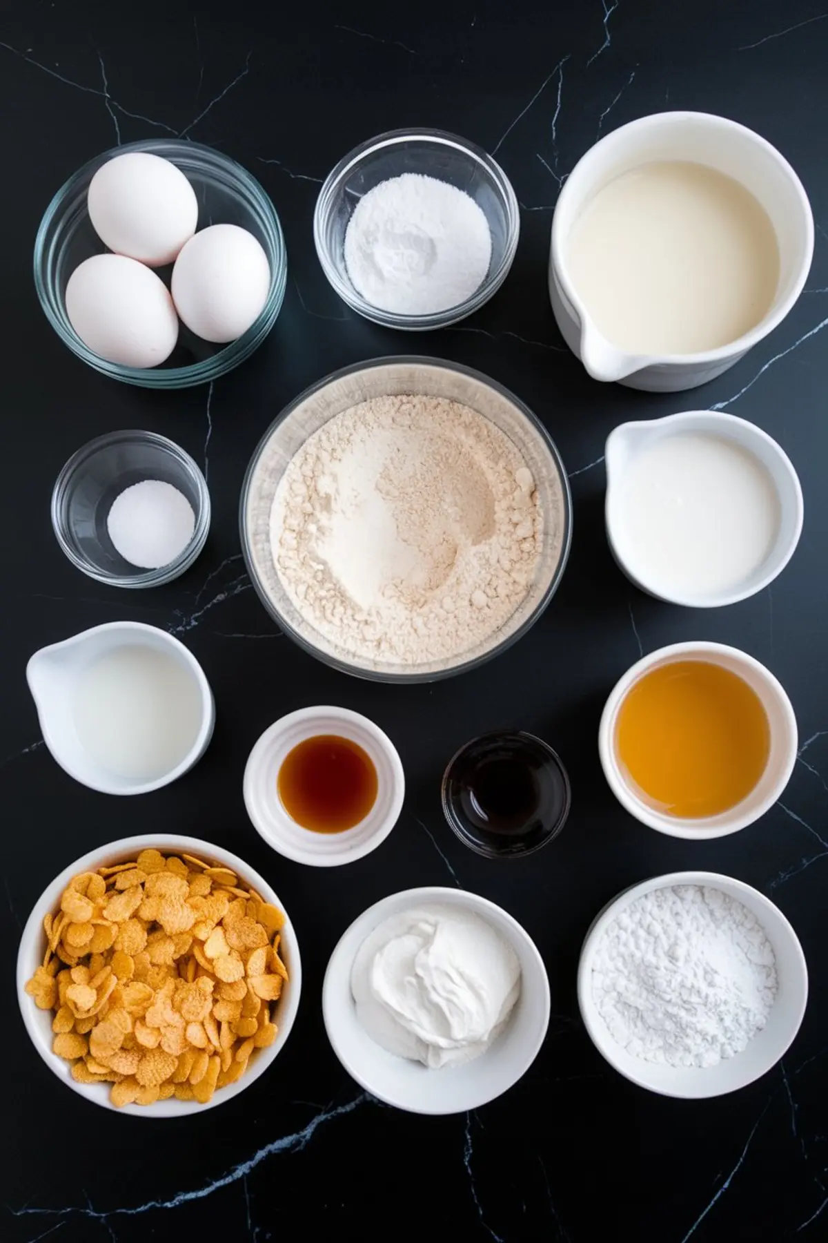 Flat lay of cereal milk tres leches cake ingredients on a black marble surface, including flour, sugar, eggs, vanilla extract, baking powder, heavy cream, yogurt, condensed milk, cornflakes, and evaporated milk in individual bowls and measuring cups.