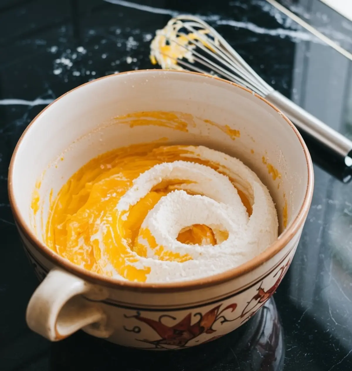 Mixing bowl filled with yellow cake batter being combined with white dry ingredients, with a metal whisk in the background on a black marble countertop.