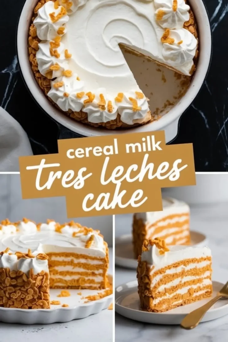 Collage showing a top view of a frosted cereal milk tres leches cake with a slice removed, and two views of layered cake slices with whipped cream and cornflake topping.