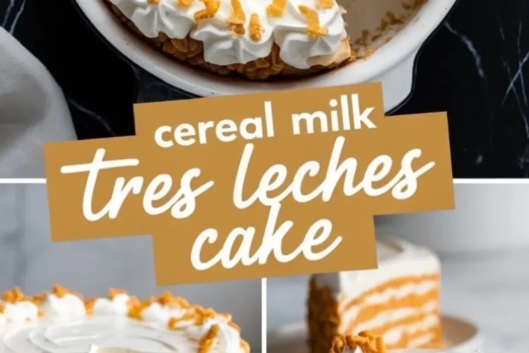 Collage showing a top view of a frosted cereal milk tres leches cake with a slice removed, and two views of layered cake slices with whipped cream and cornflake topping.