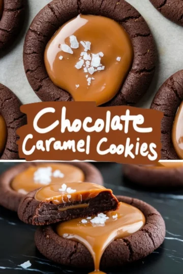 A final collage highlighting chocolate caramel cookies. The top image features a close-up of a cookie with caramel oozing over the edges, sprinkled with flaky salt. The bottom image shows a cross-section of a cookie with caramel dripping out. The handwritten-style text overlay reads “Chocolate Caramel Cookies.”