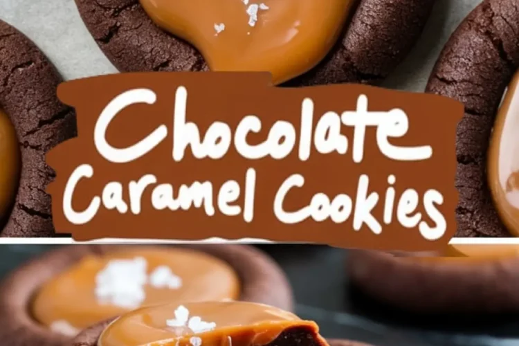 A final collage highlighting chocolate caramel cookies. The top image features a close-up of a cookie with caramel oozing over the edges, sprinkled with flaky salt. The bottom image shows a cross-section of a cookie with caramel dripping out. The handwritten-style text overlay reads “Chocolate Caramel Cookies.”