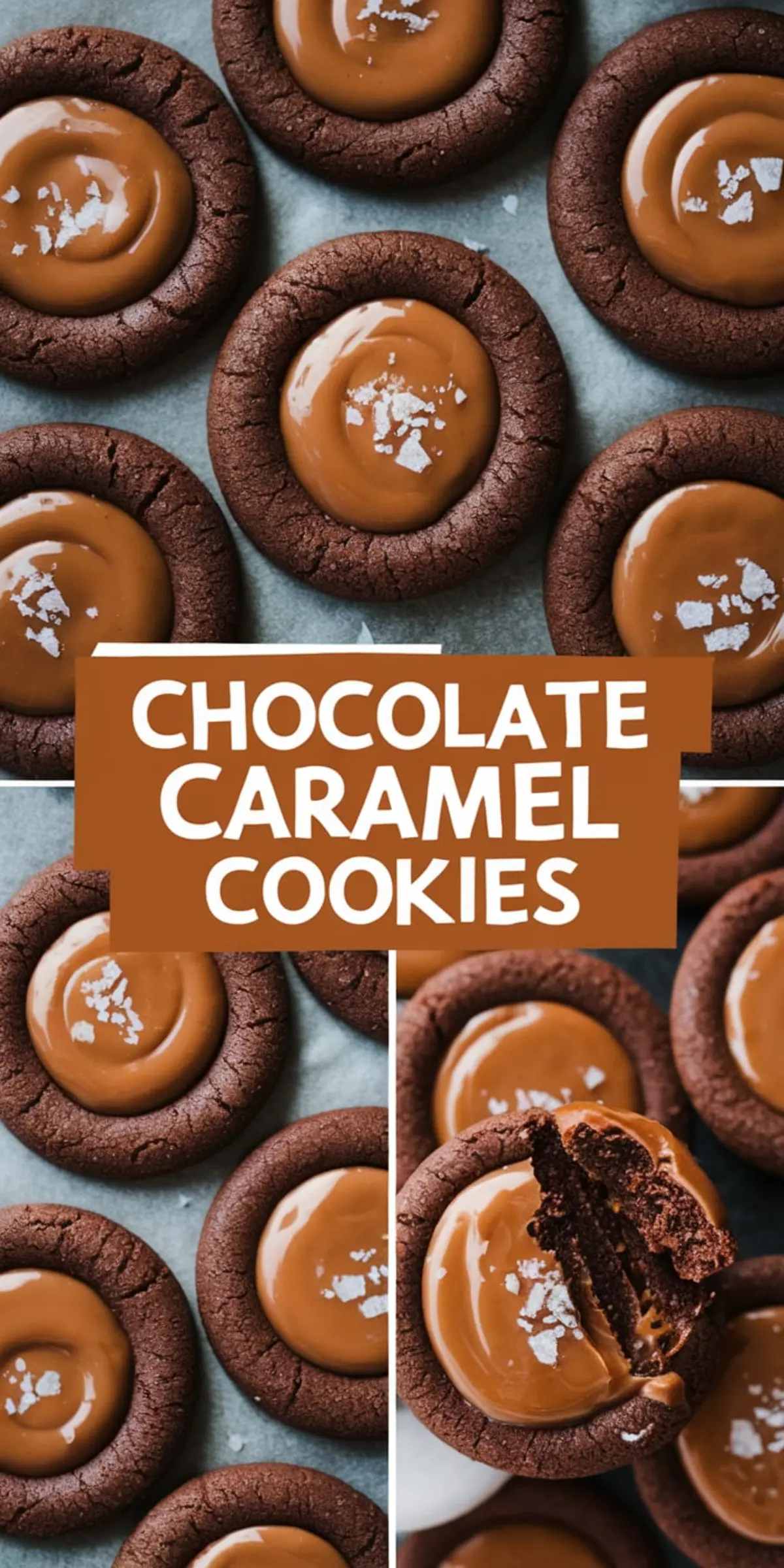 A collage of chocolate caramel cookies arranged on a baking sheet. The cookies have a soft chocolate base with a glossy caramel center, sprinkled with flaky sea salt. A bold text overlay reads “Chocolate Caramel Cookies.” One section of the collage shows a bitten cookie revealing its rich, chewy texture.