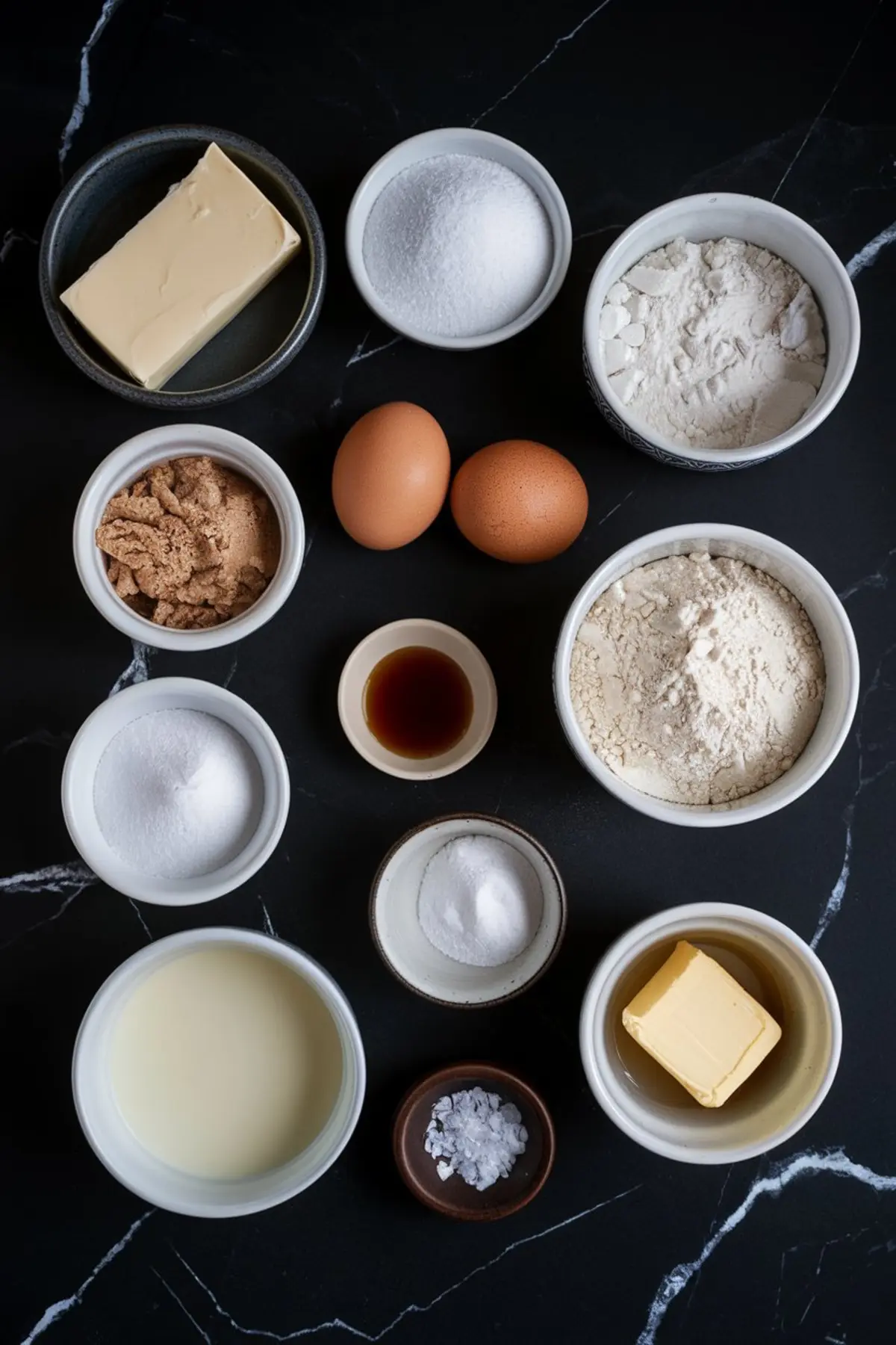 Overhead view of small bowls containing ingredients for chocolate caramel cookies, neatly arranged on a black marble surface. The ingredients include butter, granulated sugar, brown sugar, flour, eggs, vanilla extract, baking powder, baking soda, salt, milk, and flaky sea salt.