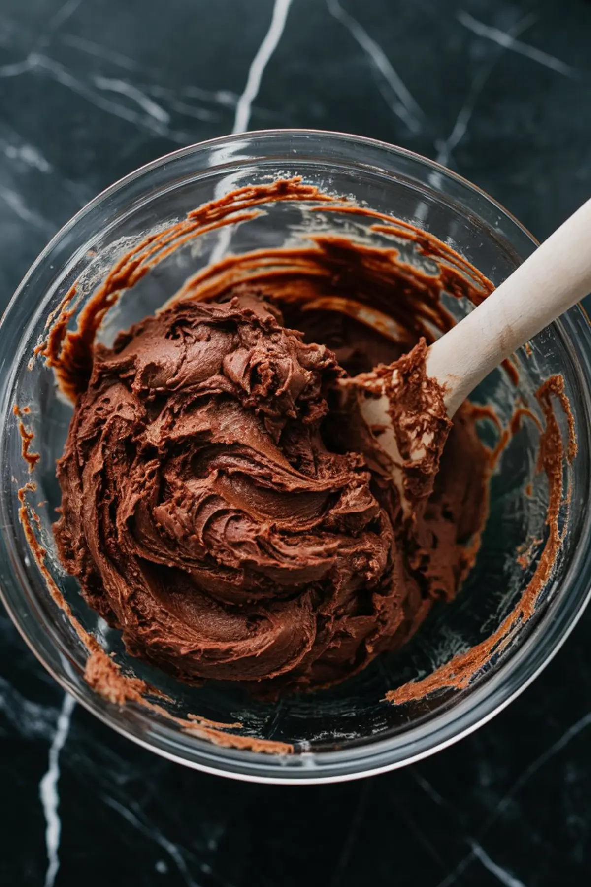 A mixing bowl filled with thick chocolate cookie dough. A wooden spoon is partially submerged in the dough, which has a rich, velvety texture.