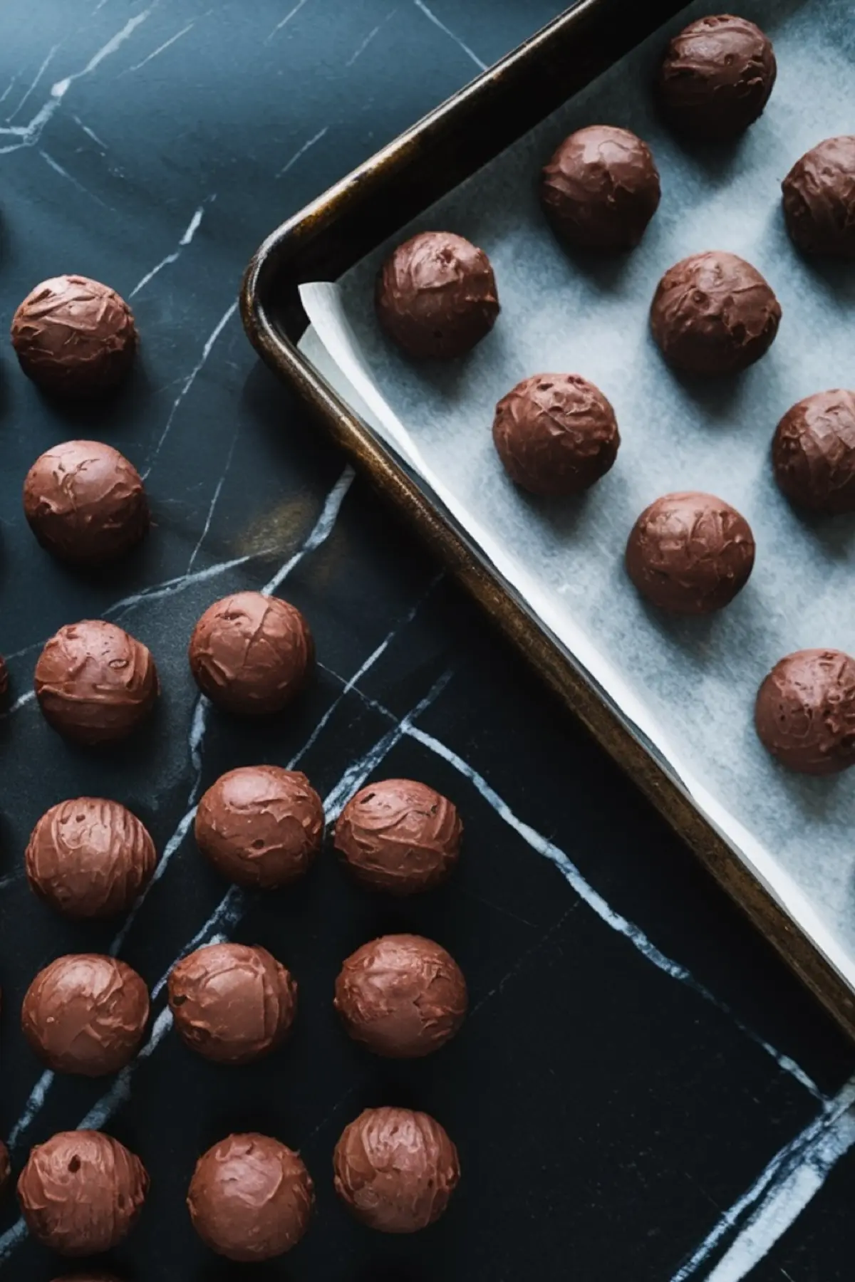 Chocolate cookie dough balls placed on a parchment-lined baking sheet. Some dough balls are arranged on the dark surface, ready to be baked into soft and chewy chocolate caramel cookies.