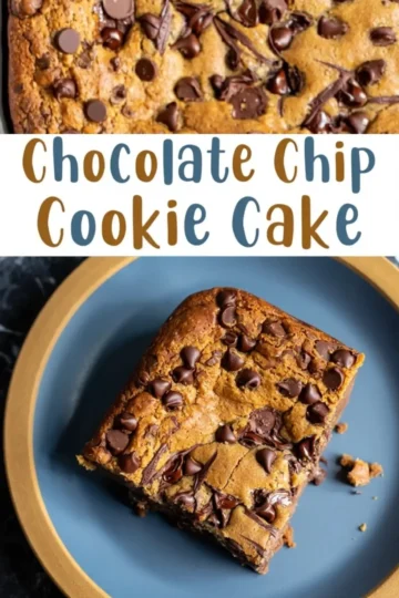 Chocolate chip cookie cake collage showing a close-up of a baked cookie cake with gooey melted chocolate and sliced chocolate chunks, paired with a thick square served on a blue plate with golden brown edges and fudgy interior.