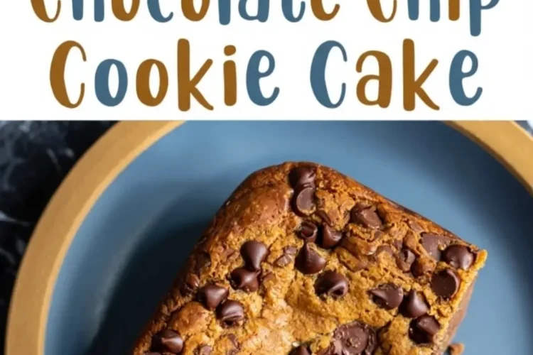 Chocolate chip cookie cake collage showing a close-up of a baked cookie cake with gooey melted chocolate and sliced chocolate chunks, paired with a thick square served on a blue plate with golden brown edges and fudgy interior.