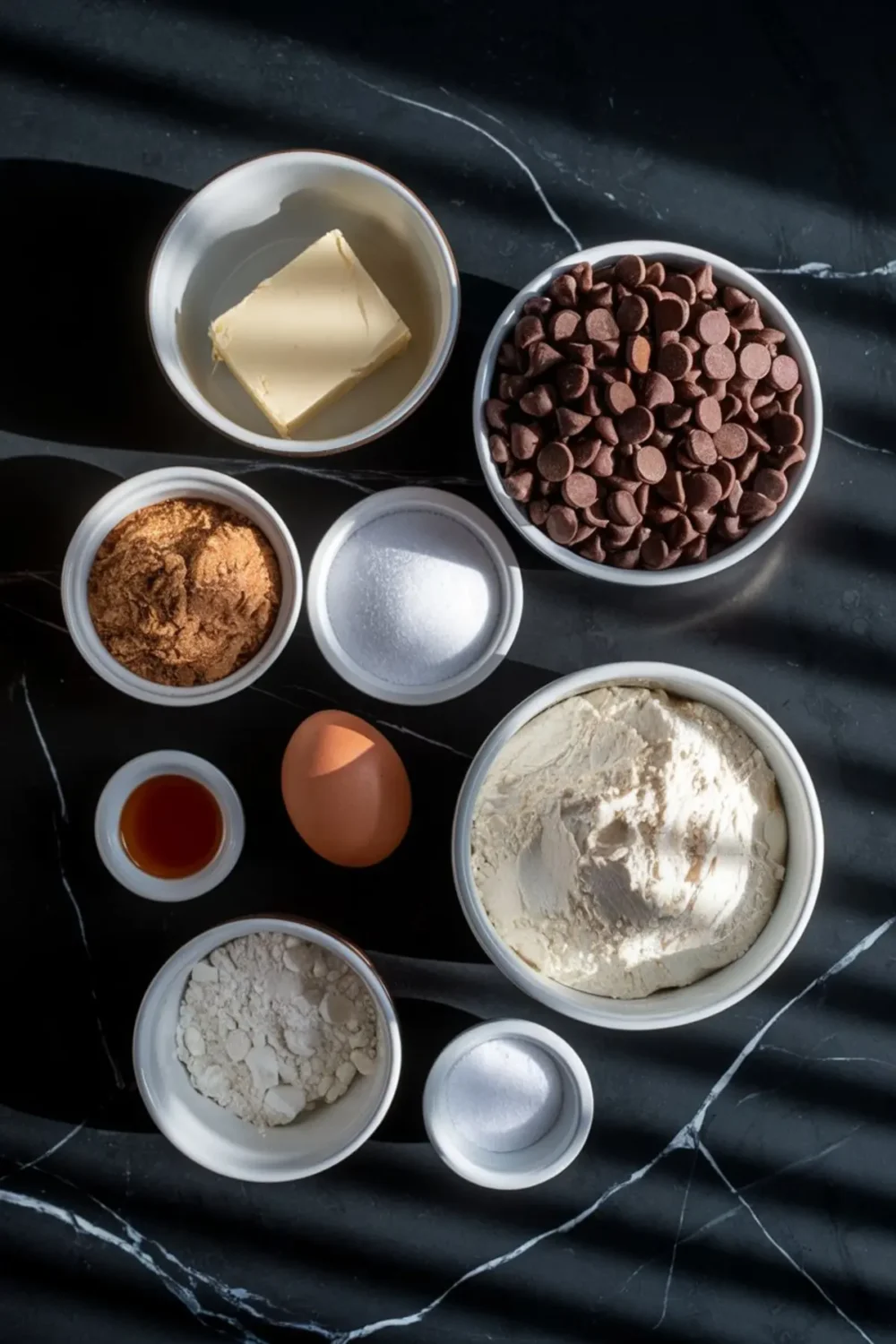 Flat lay of chocolate chip cookie cake ingredients including butter, flour, brown sugar, granulated sugar, egg, vanilla extract, baking soda, salt, and chocolate chips, all arranged in small bowls on a dark kitchen surface.