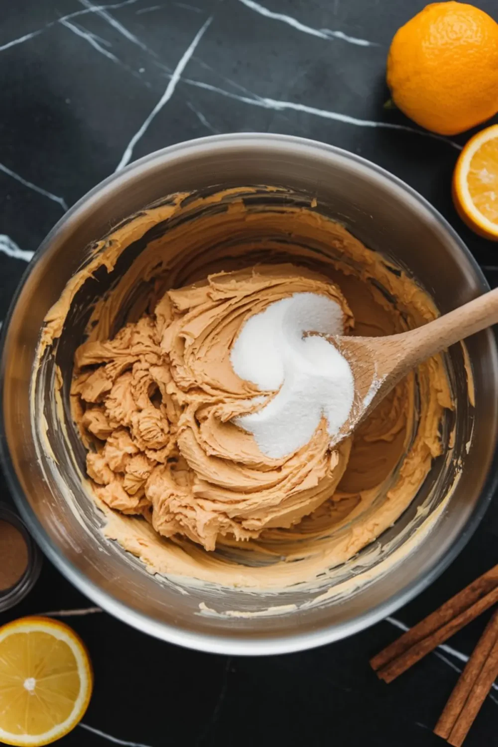 Metal mixing bowl filled with creamy butter and sugar mixture being stirred with a wooden spoon, surrounded by fresh citrus and cinnamon sticks on a dark marble surface, showcasing the baking process for homemade cookie dough.