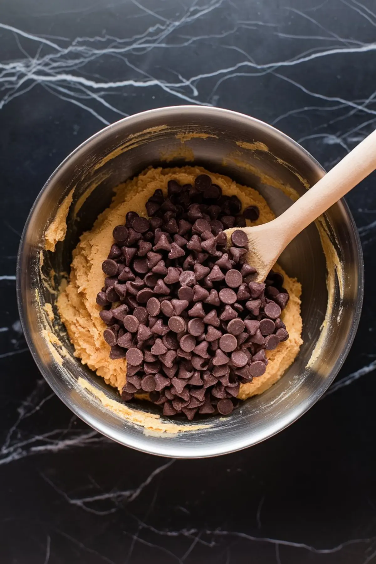 Stainless steel bowl filled with thick cookie dough and topped with a generous amount of semi-sweet chocolate chips, ready to be mixed, placed on a black marble countertop.