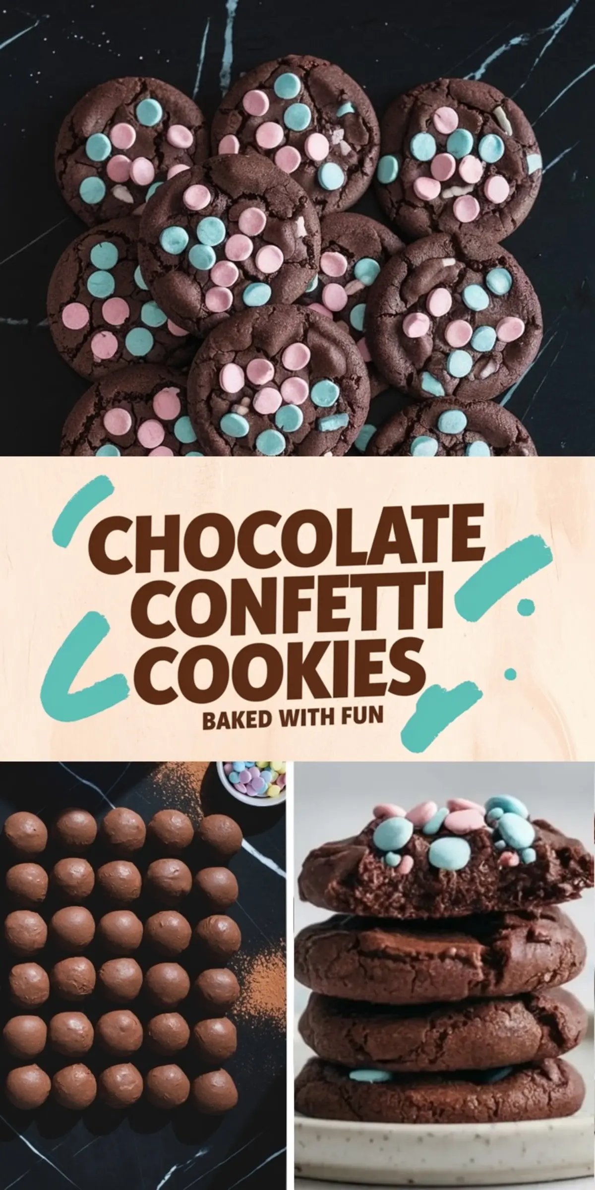 A collage of chocolate confetti cookies, including a close-up of freshly baked cookies with colorful candy pieces, a tray of round chocolate dough balls, and a stack of cookies with a bitten piece. The dark marble background contrasts with the vibrant toppings.