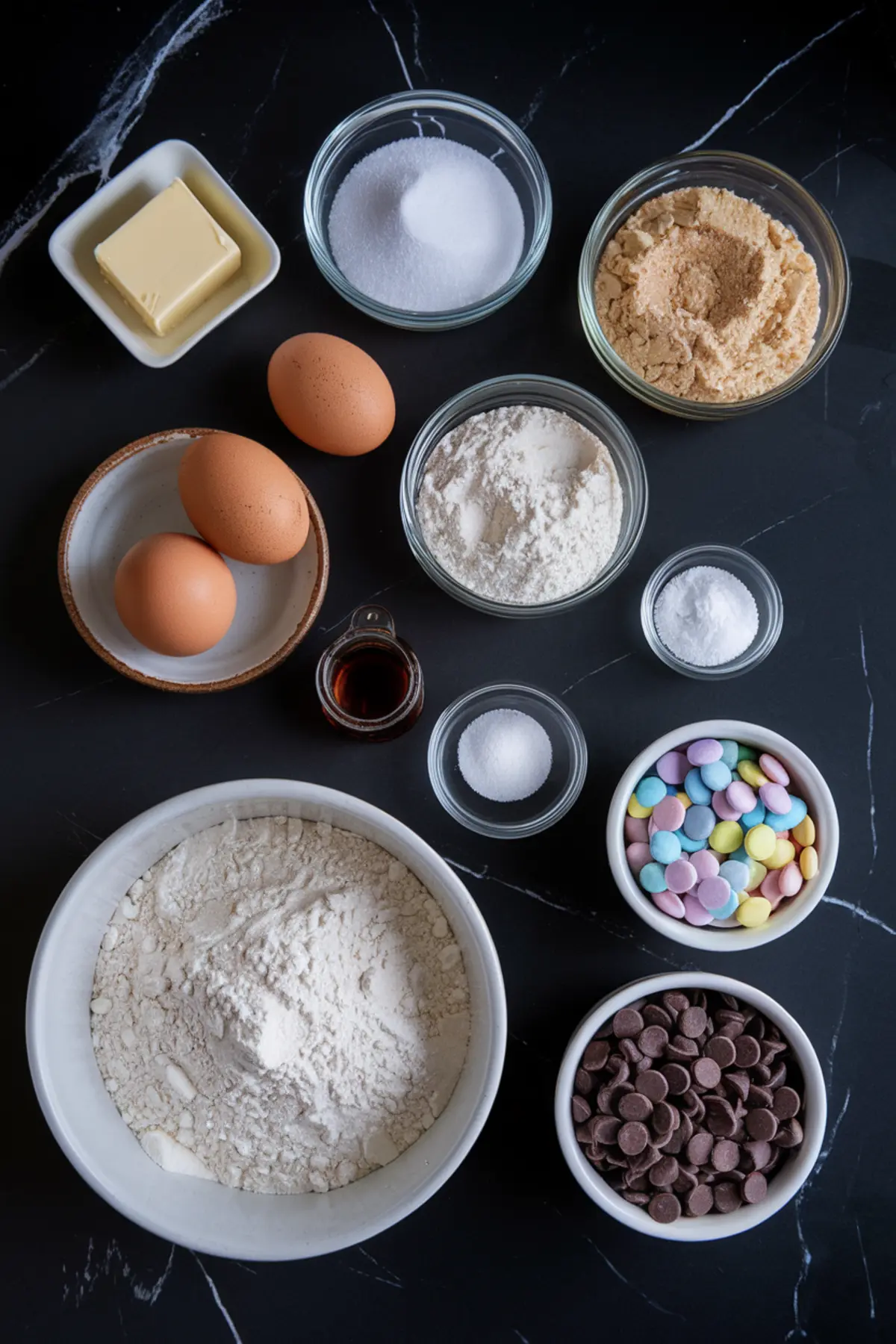 A flat-lay of baking ingredients for chocolate confetti cookies on a black marble surface. Ingredients include flour, sugar, brown sugar, butter, eggs, vanilla extract, baking powder, cocoa powder, chocolate chips, and pastel-colored candy pieces.
