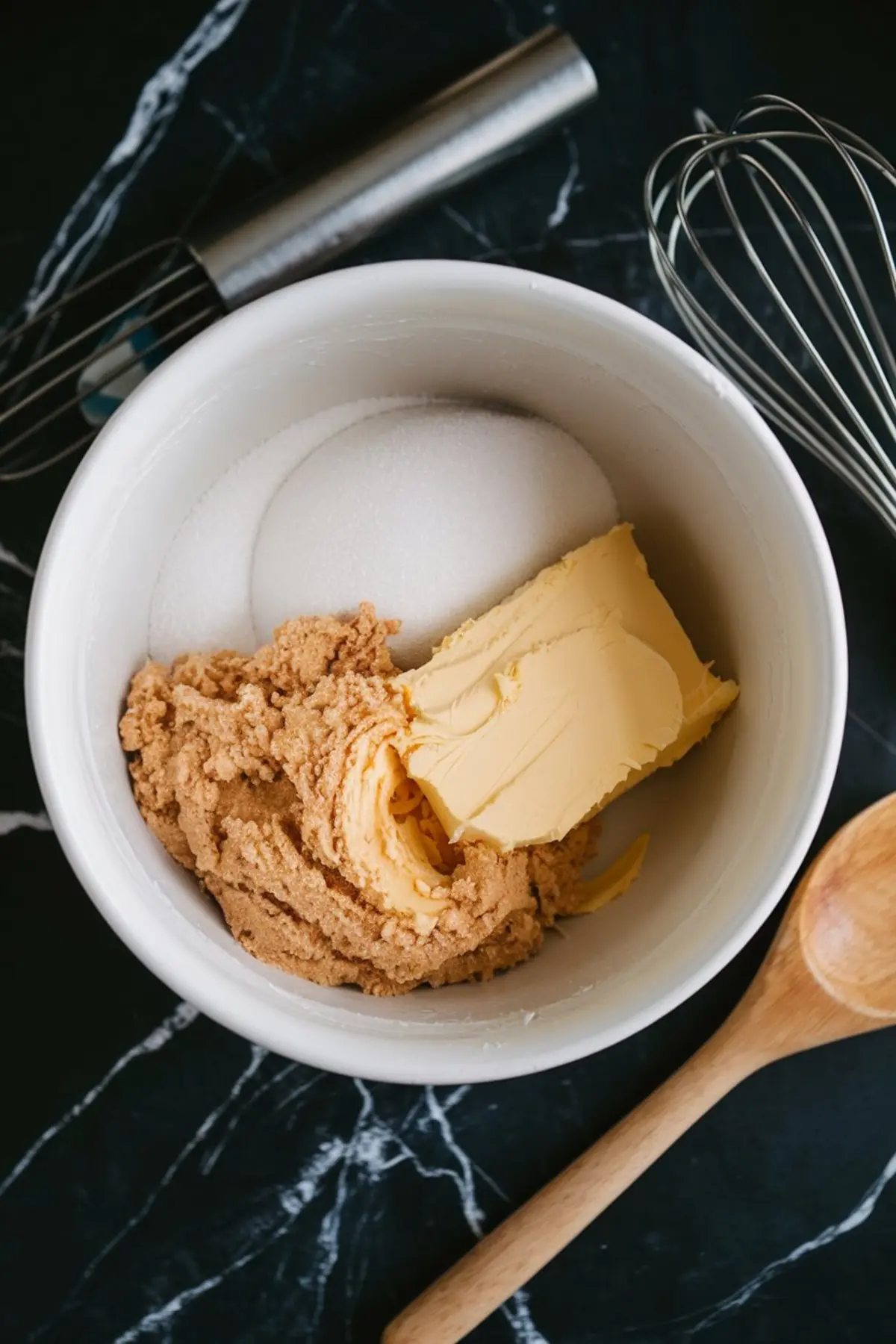 A bowl of softened butter, granulated sugar, and brown sugar on a black marble countertop. A wooden spoon, a metal whisk, and a wire whisk are placed beside the bowl, ready for mixing.