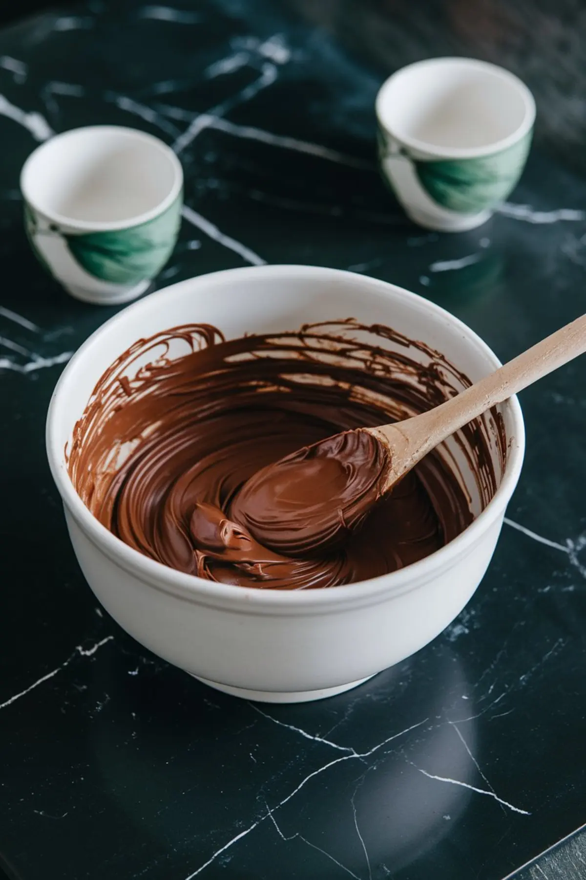 A bowl of melted chocolate with a wooden spoon swirling through the smooth, glossy mixture. The background features a black marble surface with two white ceramic cups that have green accents.