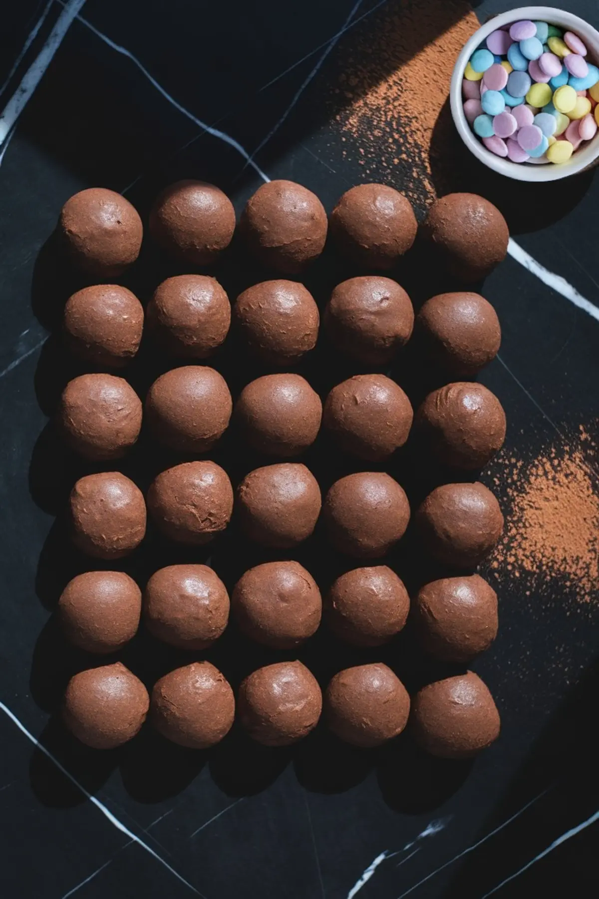 A grid of round chocolate cookie dough balls neatly arranged on a black marble countertop. Cocoa powder is dusted on the surface, and a bowl of pastel-colored candy pieces sits nearby, ready for baking.