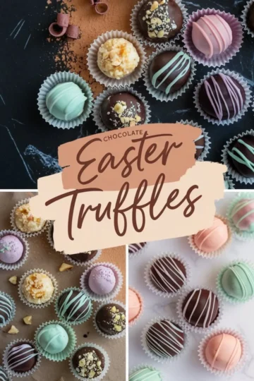A collage of pastel-colored Easter truffles arranged on different surfaces. The truffles have smooth chocolate coatings, drizzled icing, and crushed nut toppings. The text overlay reads “Chocolate Easter Truffles” in a handwritten-style font, blending into the warm tones of the image. The assortment includes pink, mint green, lavender, and dark chocolate truffles placed in paper cups.