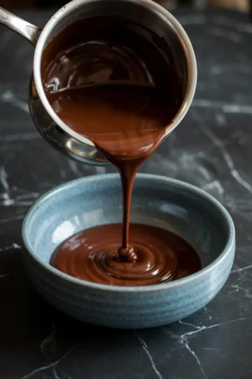 Close-up of warm chocolate ganache being poured from a saucepan into a textured blue bowl. The ganache forms ripples as it collects, creating a smooth, shiny swirl on the surface.