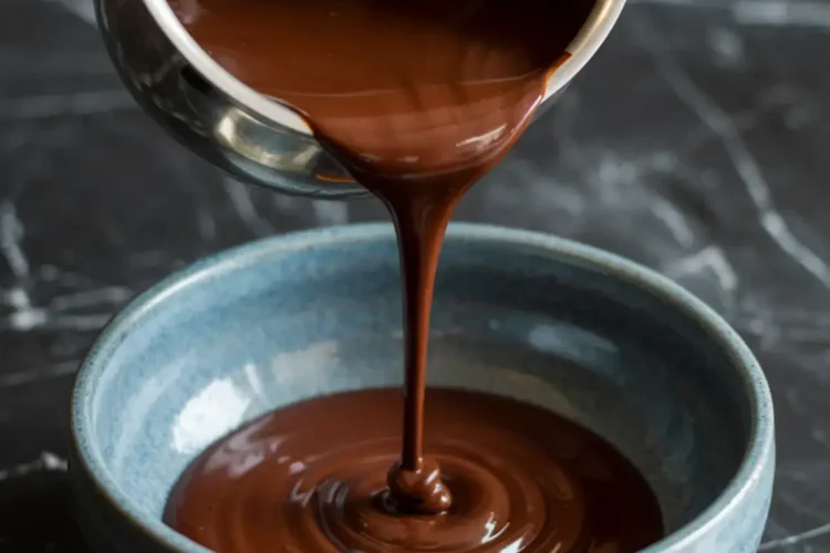 Close-up of warm chocolate ganache being poured from a saucepan into a textured blue bowl. The ganache forms ripples as it collects, creating a smooth, shiny swirl on the surface.