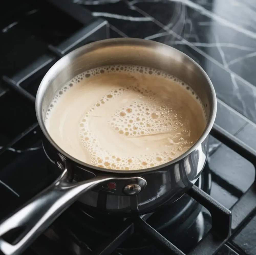 A saucepan of hot cream bubbling on a stovetop, in the early stage of preparing chocolate ganache. The cream has a frothy surface and a rich, golden hue.