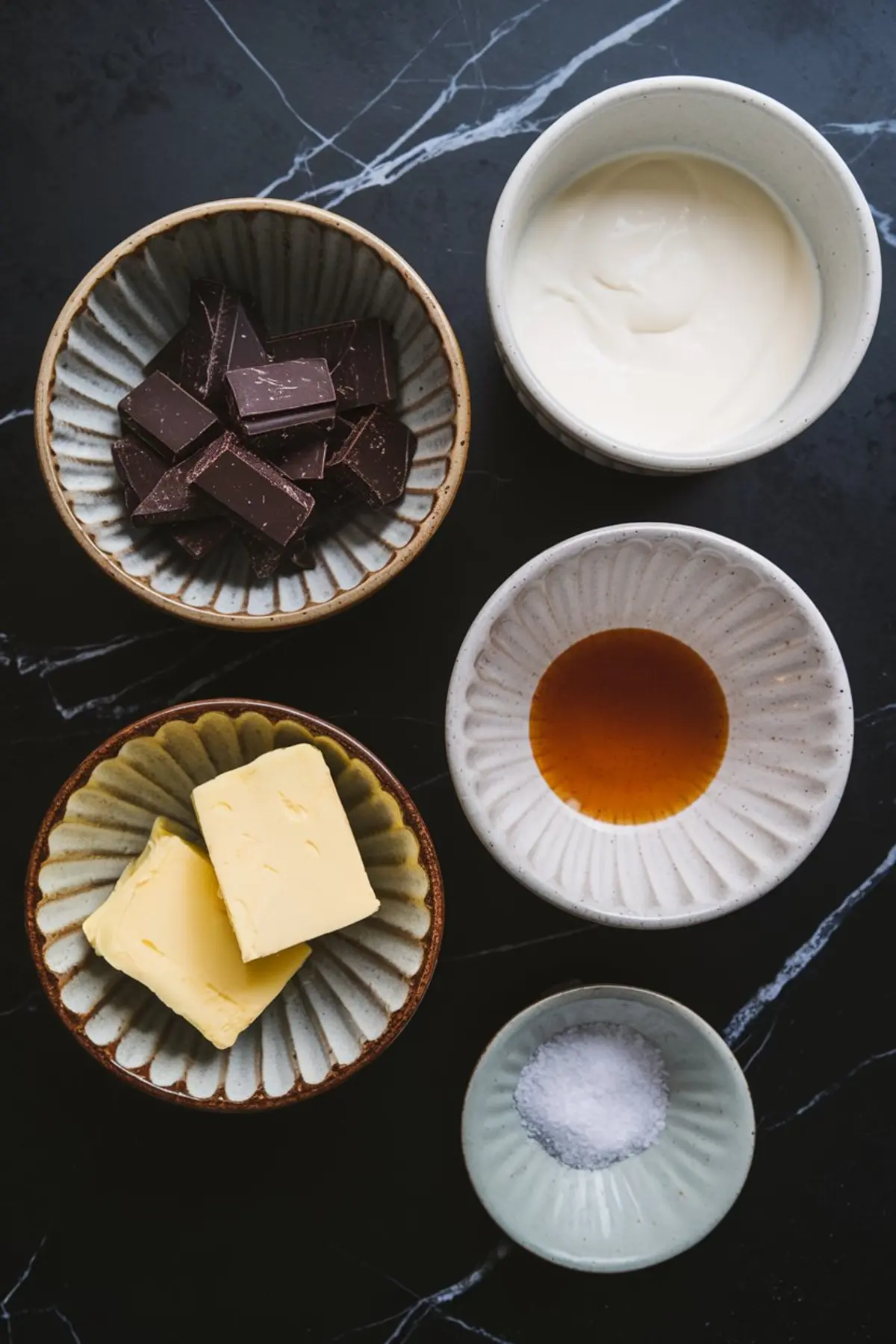 Flat lay of chocolate ganache ingredients arranged in ceramic bowls. Includes chopped chocolate, heavy cream, butter, vanilla extract, and flaky sea salt on a black marble countertop.
