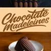 Cooling rack of chocolate madeleines and plated presentation on a rustic wooden surface, centered around a “Chocolate madeleines” label. The cozy warm wood and deep tones evoke home baking comfort and are styled for chocolate baked goods or cozy dessert boards.