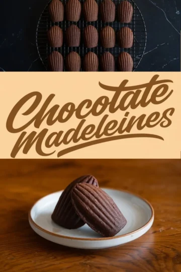 Cooling rack of chocolate madeleines and plated presentation on a rustic wooden surface, centered around a “Chocolate madeleines” label. The cozy warm wood and deep tones evoke home baking comfort and are styled for chocolate baked goods or cozy dessert boards.