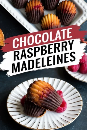 Collage image showing chocolate raspberry madeleines plated with fresh raspberries on elegant dishware, with text overlay “Chocolate Raspberry Madeleines” placed across the center.