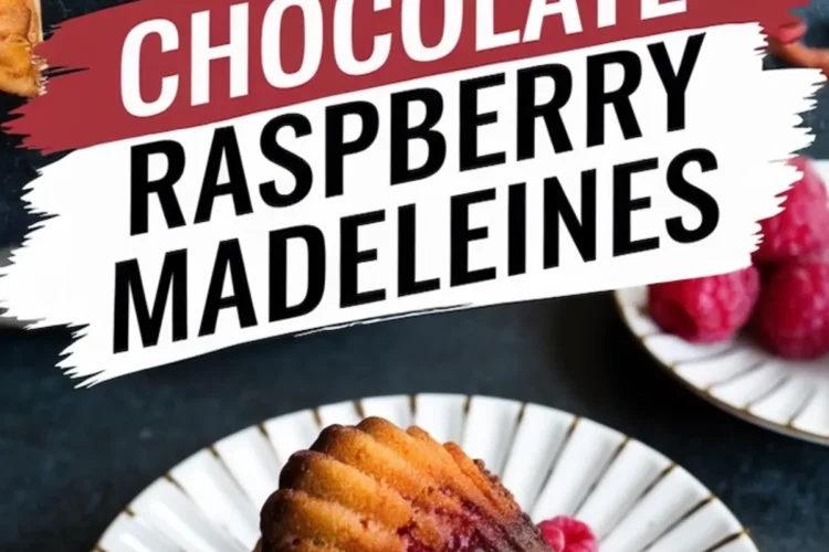 Collage image showing chocolate raspberry madeleines plated with fresh raspberries on elegant dishware, with text overlay “Chocolate Raspberry Madeleines” placed across the center.