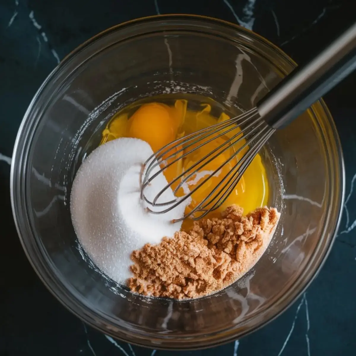Overhead view of a glass mixing bowl on a dark marble countertop containing eggs, flour, and baking powder, with a spoonful of baking powder being added on top of the mixture.