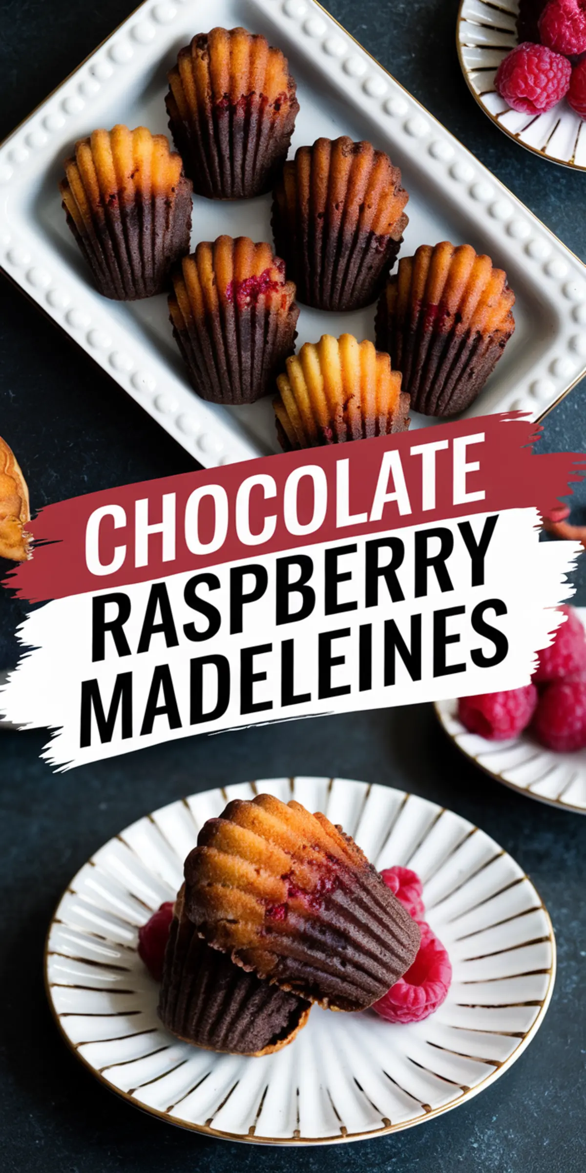 Collage image featuring golden brown chocolate raspberry madeleines on a white rectangular tray and decorative plate, paired with fresh raspberries, with text overlay reading “Chocolate Raspberry Madeleines.”