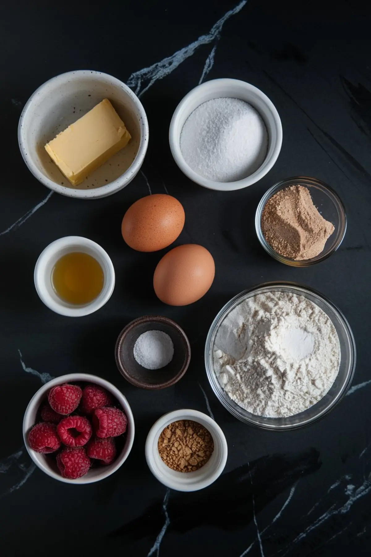 Flat lay of ingredients for chocolate raspberry madeleines arranged on a black marble surface, including butter, sugar, eggs, brown sugar, flour, raspberries, vanilla extract, salt, and cocoa powder in small bowls.