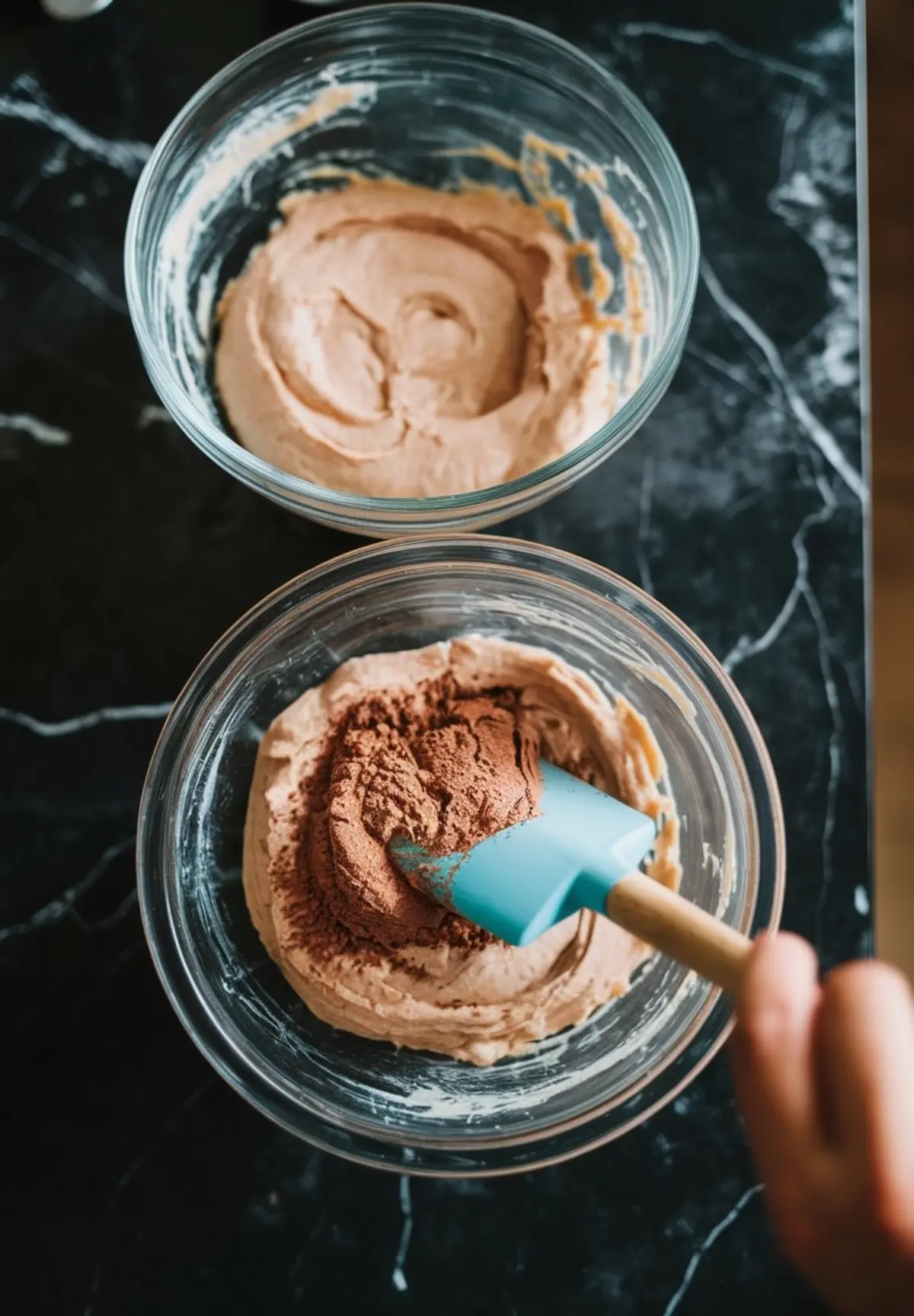 Overhead view of two glass bowls with light brown batter, one being mixed with cocoa powder using a turquoise silicone spatula on a dark kitchen counter.