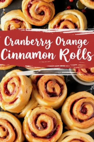 Freshly baked cranberry orange cinnamon rolls arranged on a dark surface, drizzled with a rich orange glaze. A red banner with “Cranberry Orange Cinnamon Rolls” overlays the image.