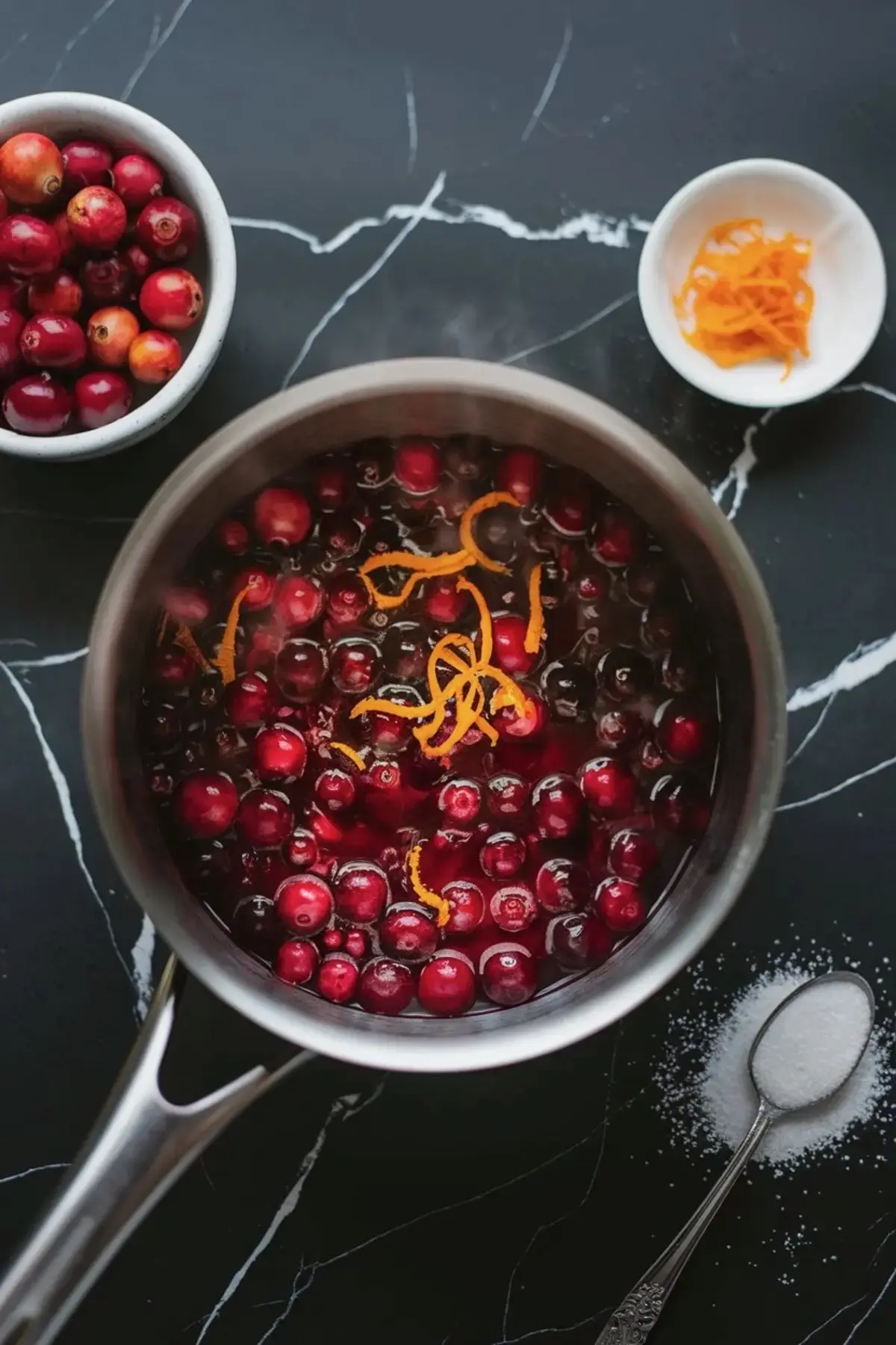 A stainless steel saucepan filled with simmering cranberries and orange zest sits on a black marble countertop. A bowl of fresh cranberries, a small dish of orange zest, and a spoonful of sugar are arranged nearby.