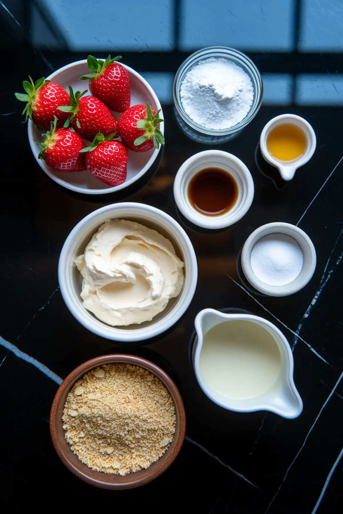 Overhead shot of ingredients for deviled strawberries on a black marble countertop. A bowl of fresh strawberries, powdered sugar, vanilla extract, honey, granulated sugar, cream cheese, heavy cream, and crushed graham crackers are neatly arranged in small bowls and pitchers.
