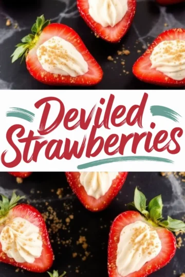 Collage of deviled strawberries arranged on a dark background. The halved strawberries have piped cream cheese filling and a sprinkle of crushed graham crackers. The text overlay reads “Deviled Strawberries” in a stylish, handwritten font.