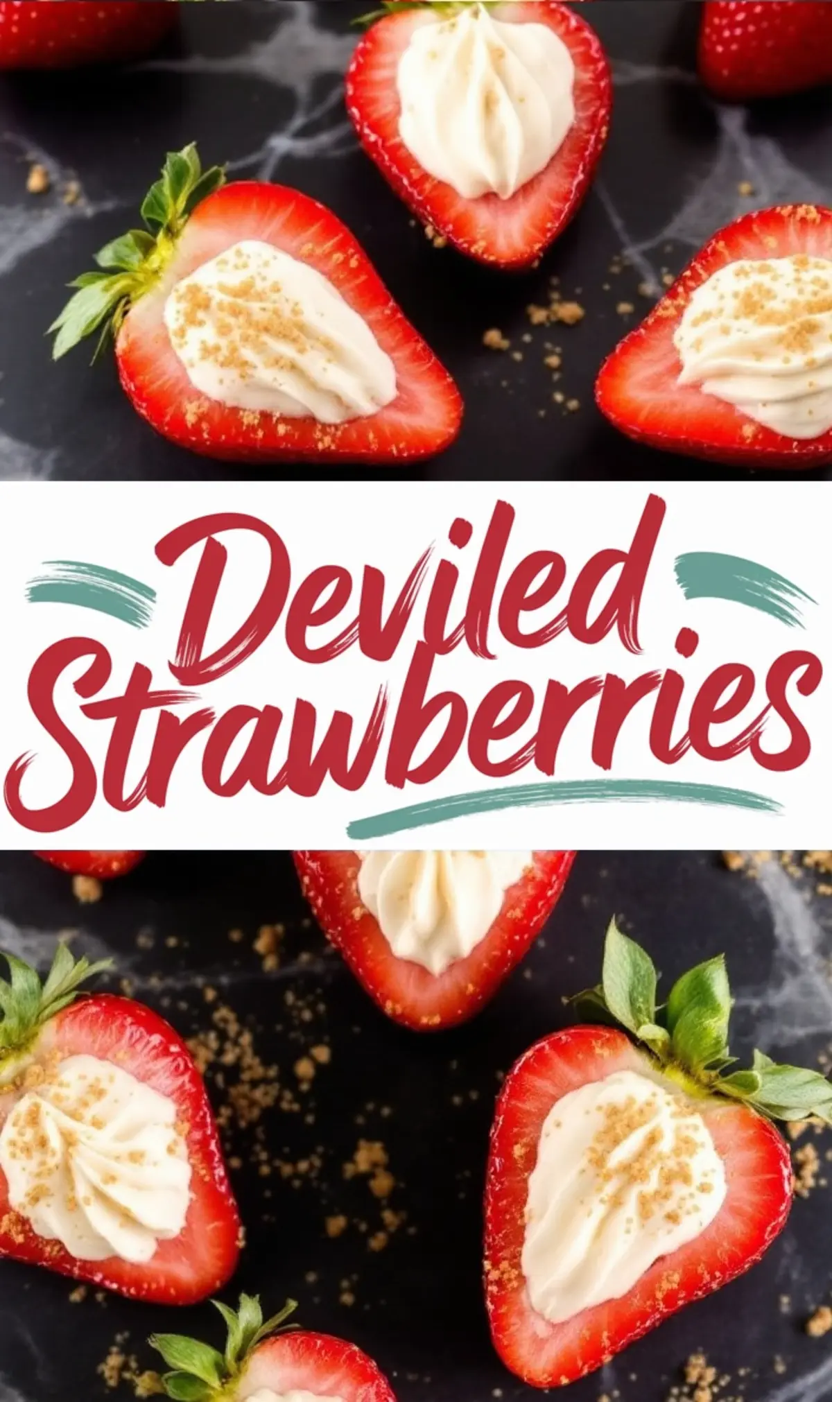 Collage of deviled strawberries arranged on a dark background. The halved strawberries have piped cream cheese filling and a sprinkle of crushed graham crackers. The text overlay reads “Deviled Strawberries” in a stylish, handwritten font.