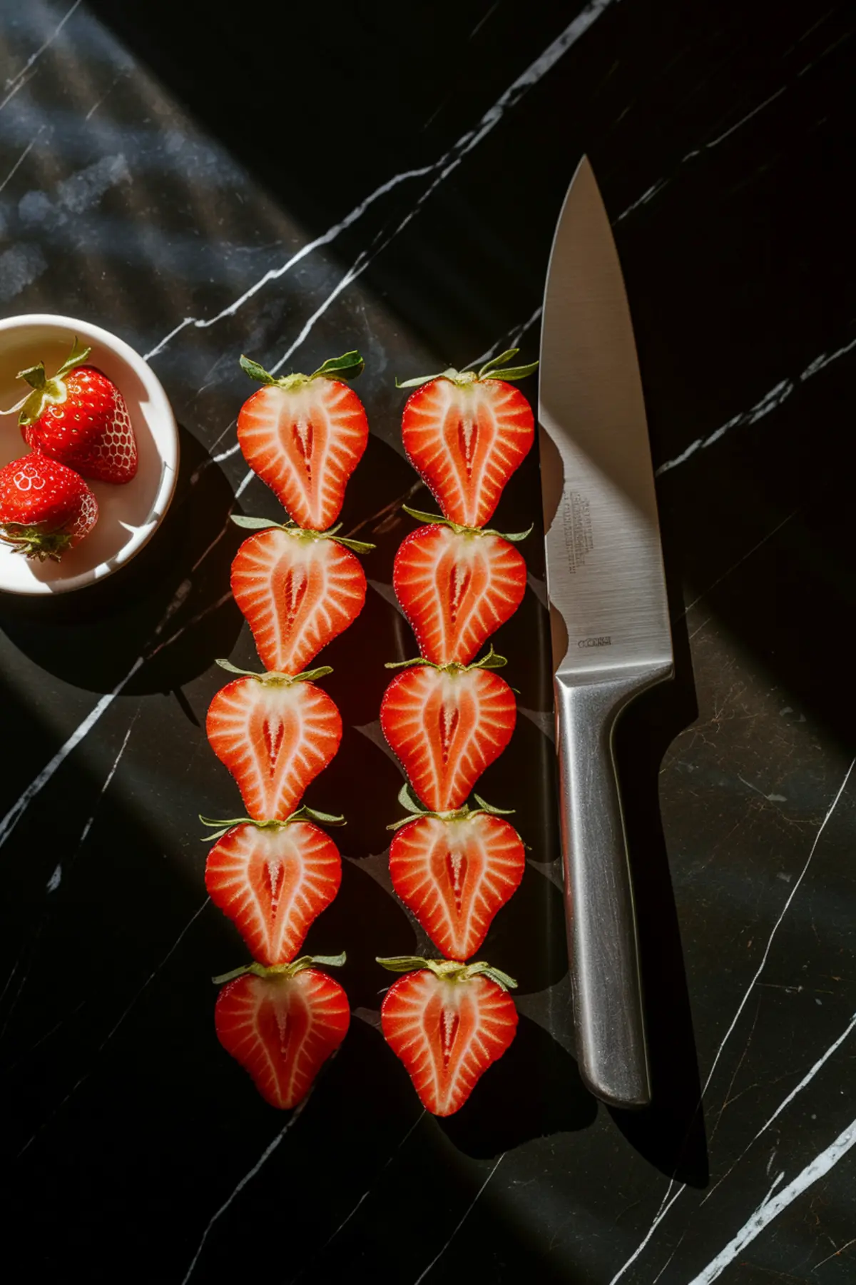 Overhead shot of freshly sliced strawberries arranged in neat rows on a black marble countertop. A chef’s knife lies beside the strawberries, and a small bowl of whole strawberries is placed nearby.
