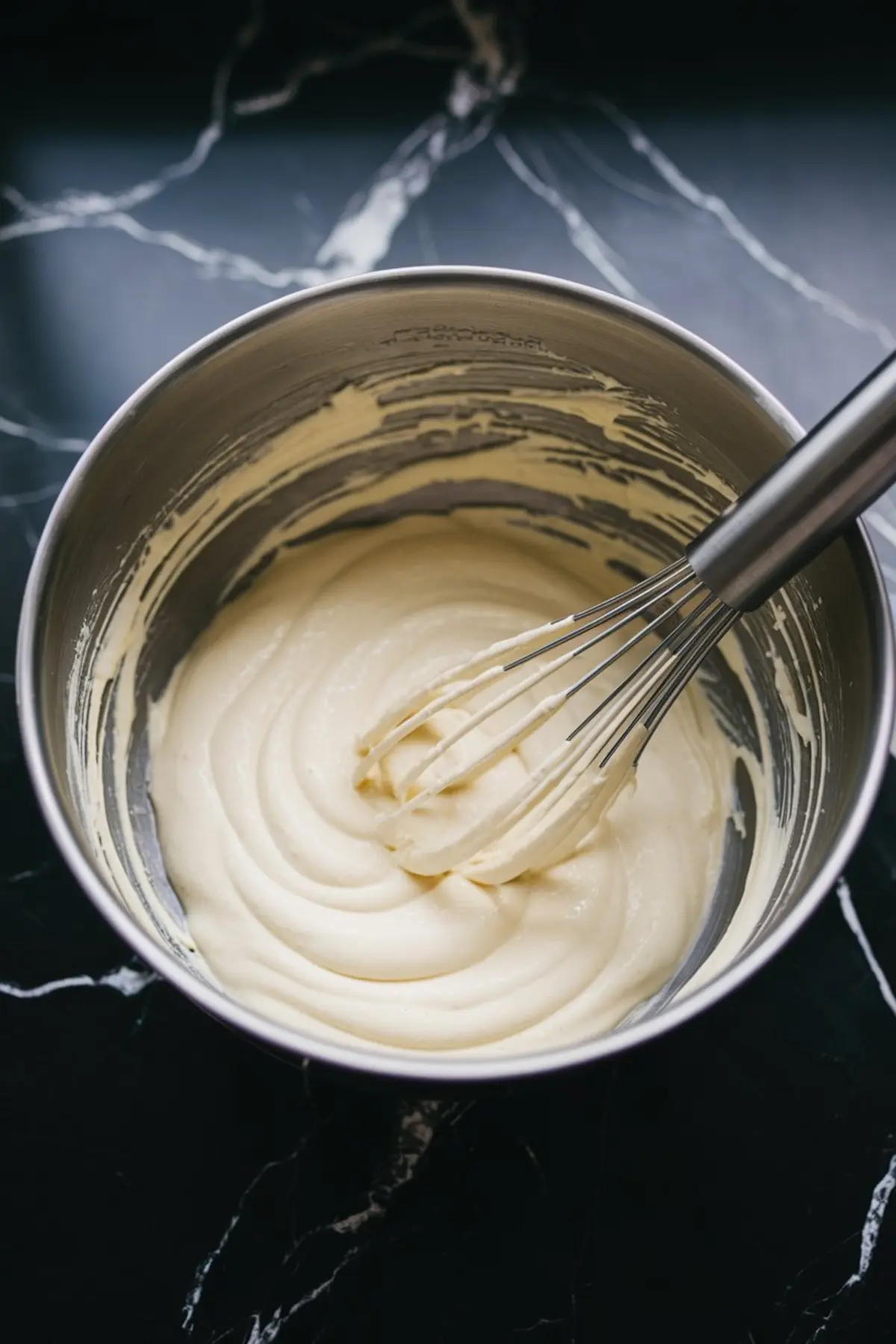Close-up of a stainless steel mixing bowl filled with smooth, whipped cream cheese filling. A metal whisk is partially submerged in the creamy mixture, with streaks of filling clinging to the sides of the bowl.