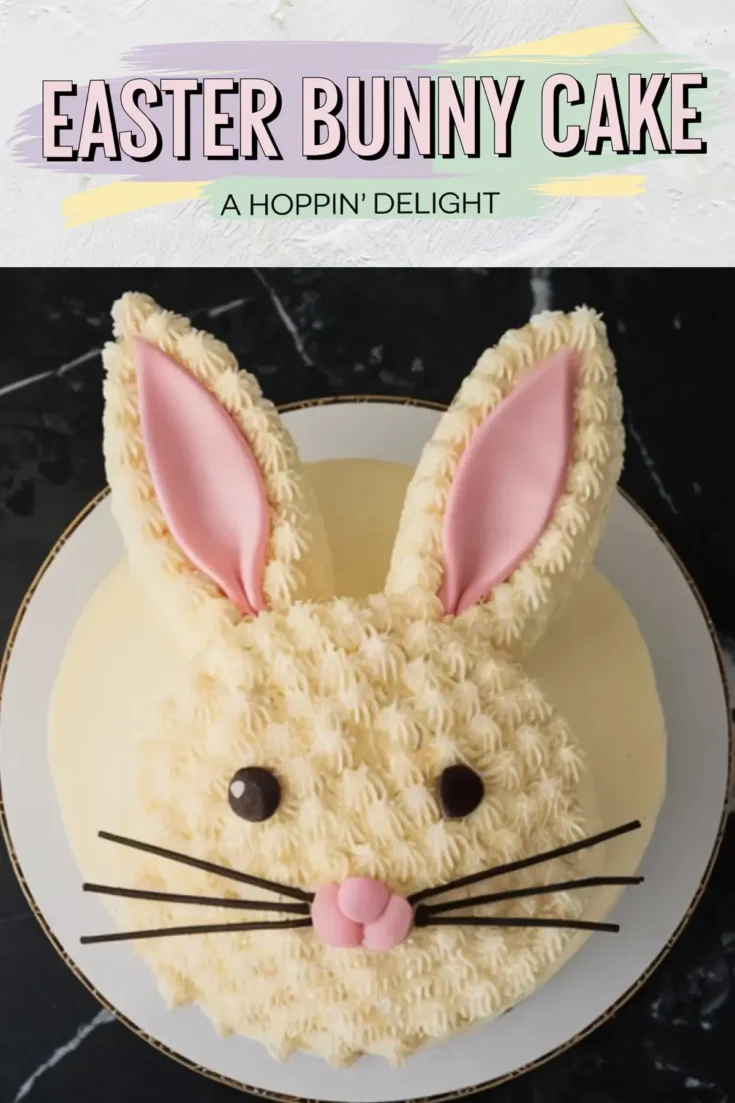 A close-up of an Easter bunny-shaped cake decorated with fluffy buttercream, pink fondant ears, chocolate button eyes, and black licorice whiskers. The cake is placed on a white plate with a black marble background. A pastel-themed text overlay reads “Easter Bunny Cake - a hoppin’ delight.”
